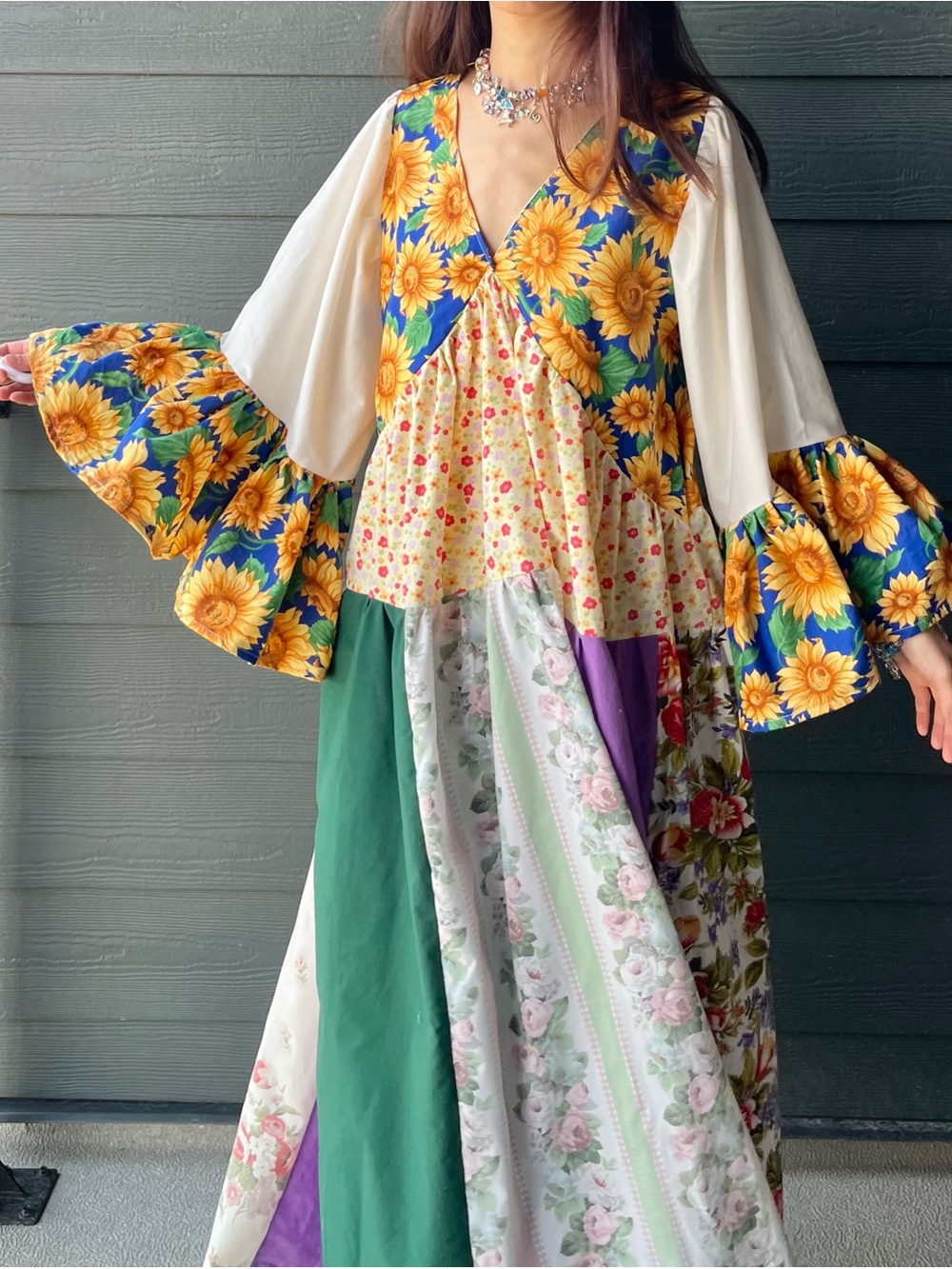 Cloudy Dress | Handmade V-Neck Patchwork Dress with Bell Sleeves | SKU 08163